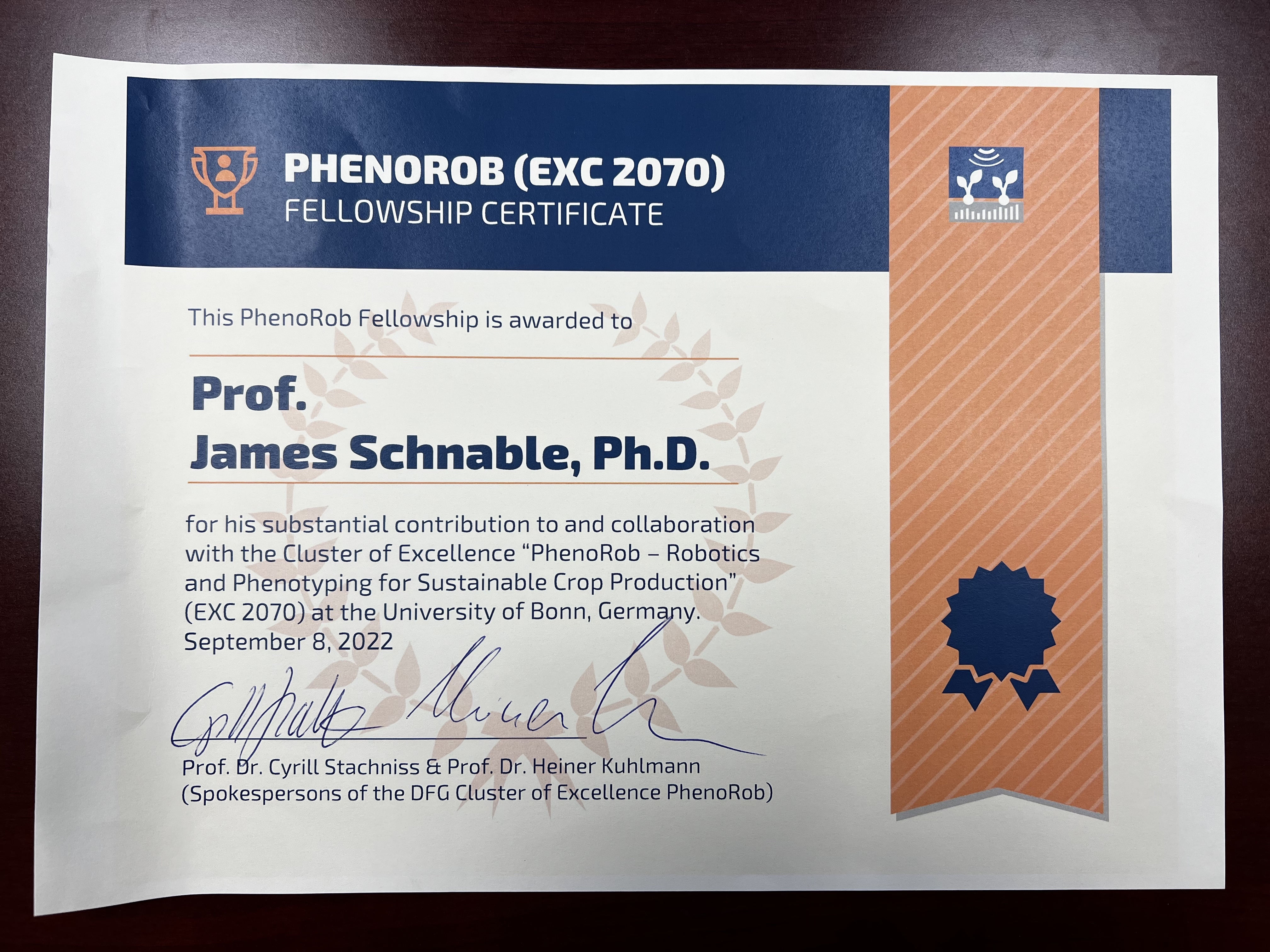 Certificate of the PhenoRob Fellowship award, awarded to Dr. James Schnable.