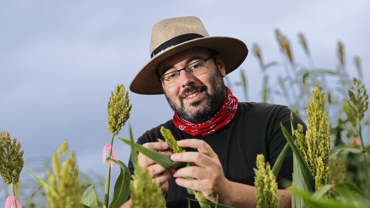 James Schnable stands in a sorghum field. He is wearing a black shirt, red gaiter, wide-brimmed hat and glasses.